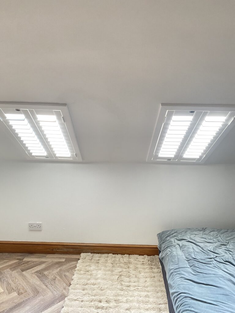 Fitted into skylight. 
Our shutters are made from Basswood which is a hardwood. Giving them strength and rigidity. This gives you peace of mind knowing you’ve bought a top quality shutter.